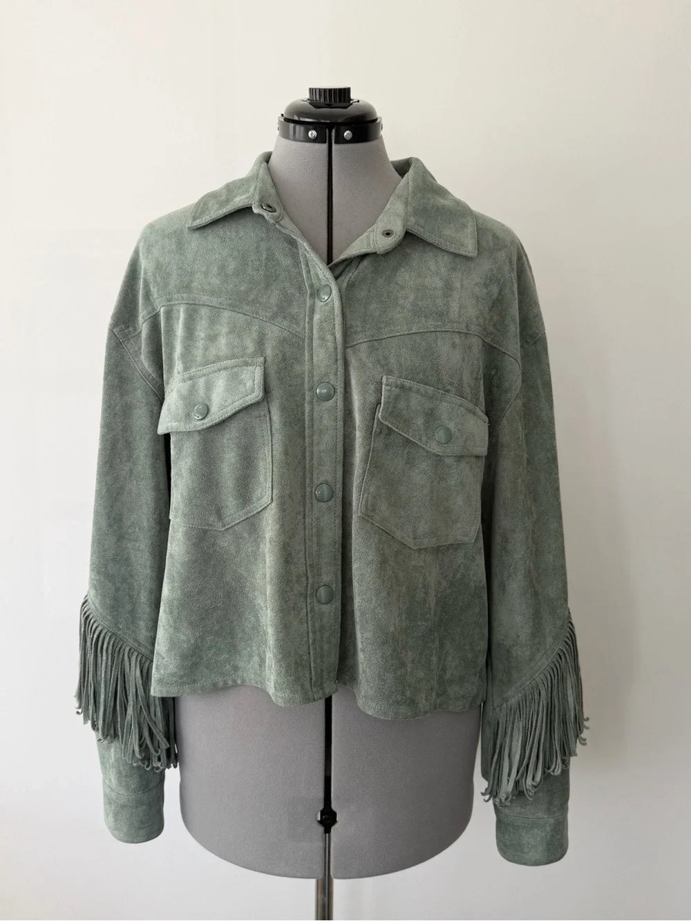 BLANKNYG - Free People - Fringe Jacket - Faux Suede - women’s sz L - Sage Green - Picture 5 of 11